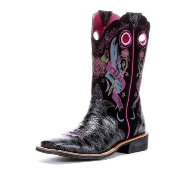 Ariat Rodeobaby Rocker Western Square Toe Coastal Cowboy Boot Black Pink - Picture 1 of 13